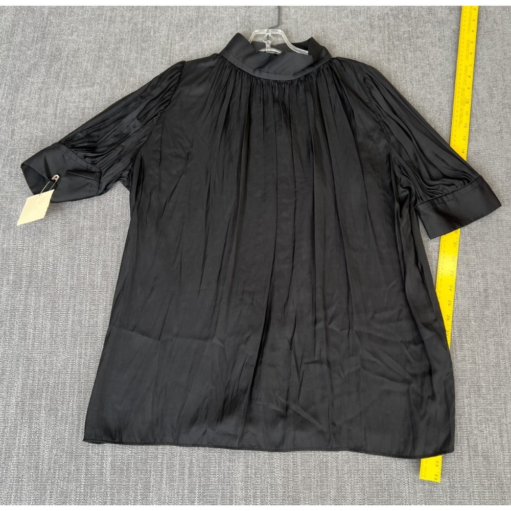 Morrison Blouse Top Womens 2 Black Satin Pleated Short Sleeve Quiet Luxury Boho